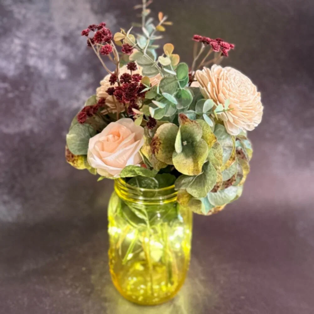 Farmhouse Wood Floral Arrangement in Mason Jar w/ LED Lights – Home Décor